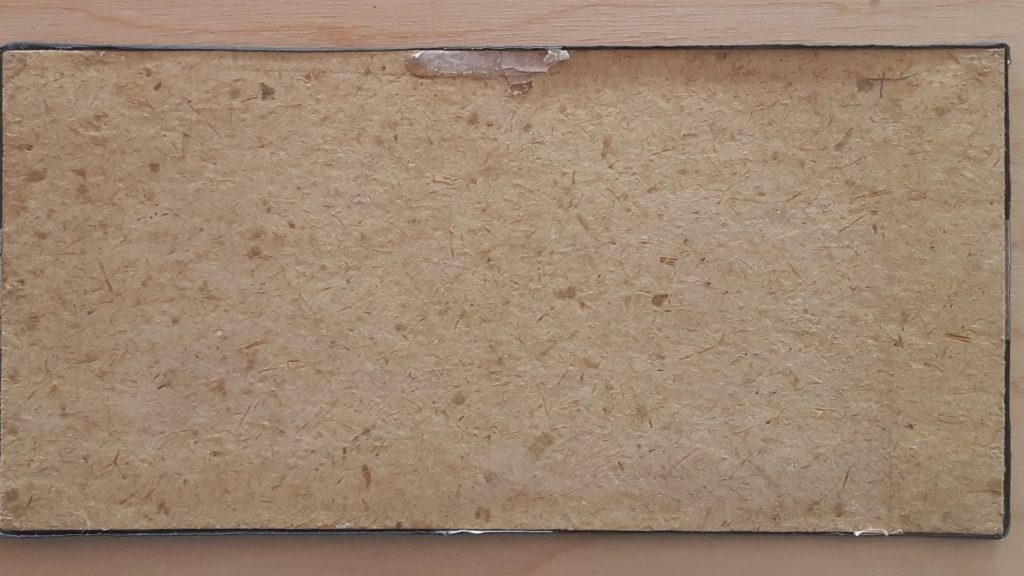 Cette image montre la moitié de l'intérieur du paquet du daguerréotype stéréoscopique. Il est composé du carton de fonds d'origine, fait de fibres de papier à base de pulpe de bois.