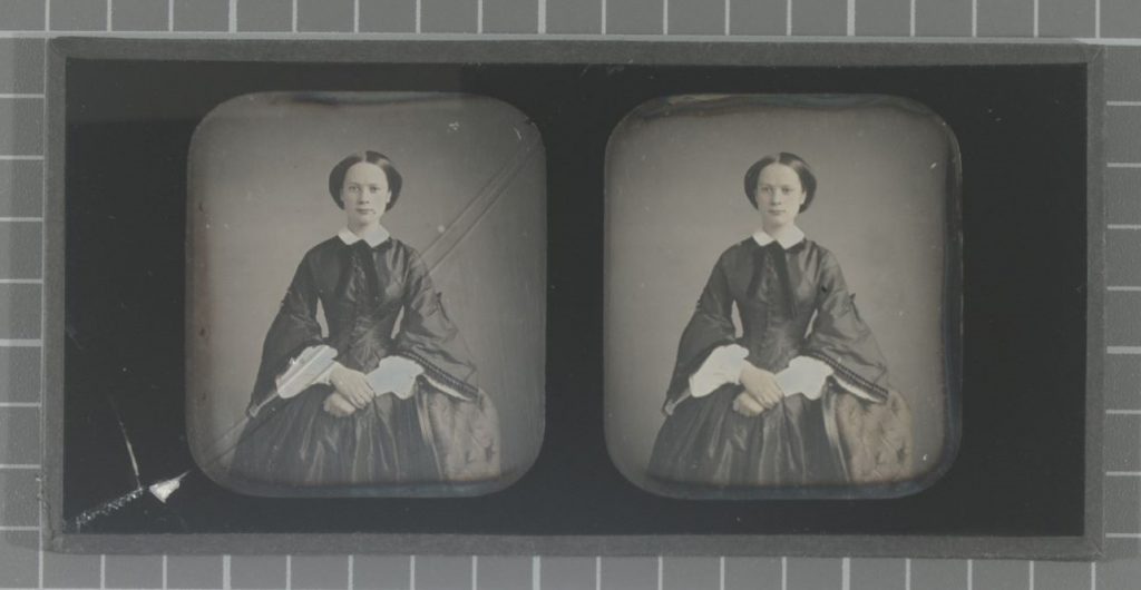 This image is the before conservation treatment documentation of the recto of a French stereo-daguerreotype, depicting a woman, made by Warren Thompson