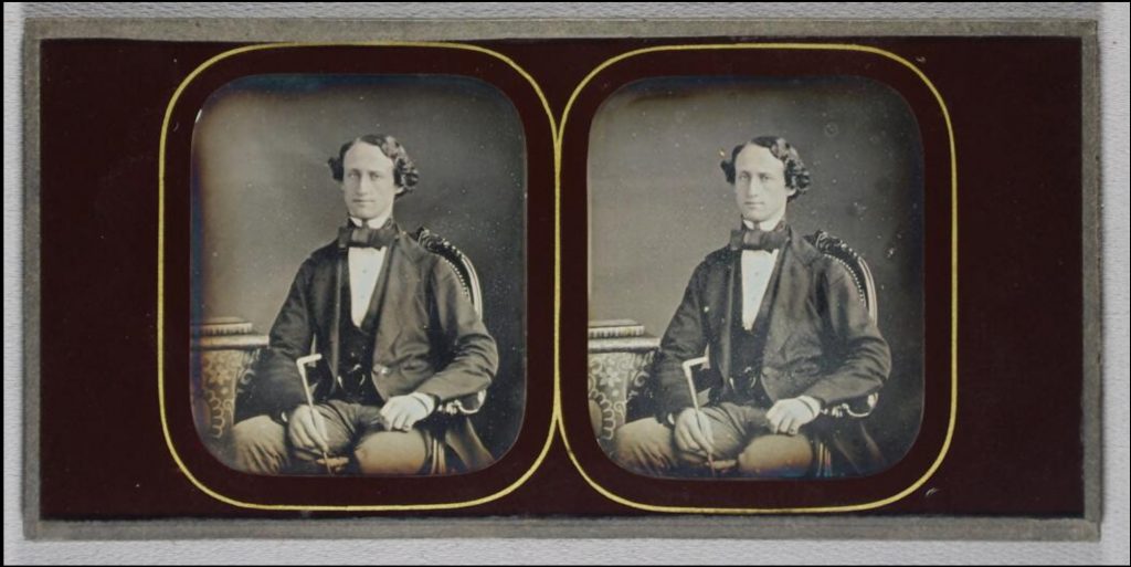 This image is a picture of a stereo-daguerreotype by W. Thompson, from the National Media Museum (UK) collection, depicting a half-portrait of a man.